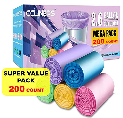 Product Cover Small Trash Bags CCLINERS 2.6 Gallon Garbage Bags Small Bathroom Trash Can Liners for Home Kitchen and Office fit 2 Gallon, 3 Gallon (200 Count, 5 Colors)