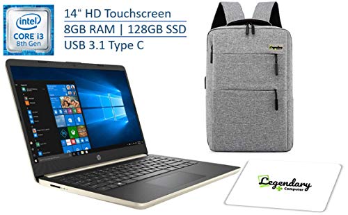 Product Cover 2019 HP 14 Inch HD Touchscreen Premium Laptop PC, Intel Core i3-8145U (Beat i5-7200U), 8GB RAM, 128GB SSD, USB 3.1 Type C, Fingerprint Reader, Gold, W/ Legendary Computer Backpack & Mouse Pad Bundle