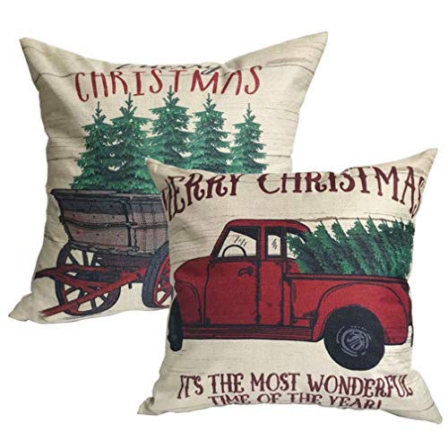 Product Cover ULOVE LOVE YOURSELF 2Pack Merry Christmas Pillow Cover with Christmas Tree and Vintage Red Truck Pattern Cotton Linen Home Decorative Throw Cushion Case 20 x 20 inches