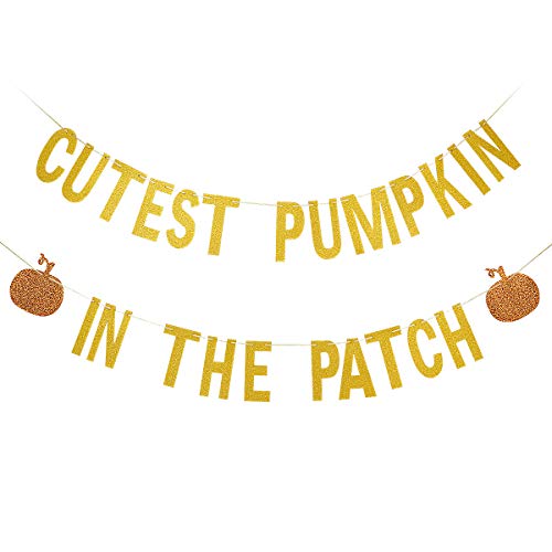 Product Cover Gold Glittery Cutest Pumpkin In The Patch Banner,Halloween Party Decorations,Fall Kid's Birthday Party Decor,Mantle Home Decorations