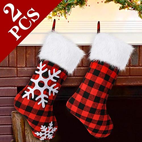 Product Cover AerWo 2pcs Plaid Christmas Stockings, Red and Black Buffalo Check Christmas Stocking, Triple Layers Christmas Snowflake Stockings with Faux Fur Cuff, 18 inches