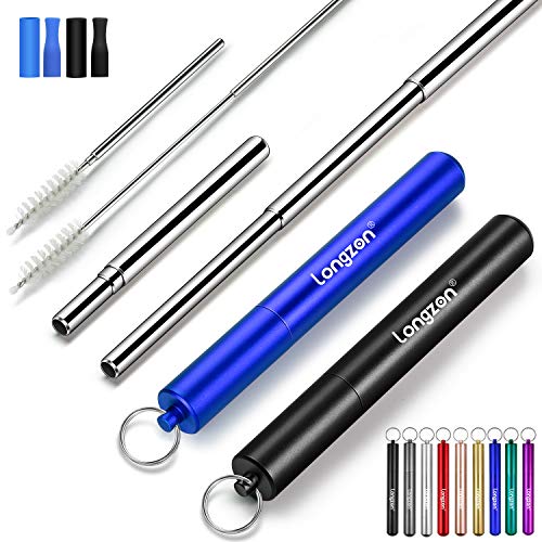 Product Cover Longzon 2 Pack Telescopic Metal Straws - Reusable, Portable, Collapsible Stainless Steel Drinking Straws with 2 Aluminum Key-Chain Case & 2 Cleaning Brushes for Travel - (Black/Blue)