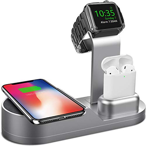 Product Cover Deszon Wireless Charger Designed for Apple Watch Stand Compatible with Apple Watch Series 5 4 3 2 1, AirPods Pro Airpods and iPhone 11 11 pro 11 Pro Max Xs X Max XR X 8 8Plus (No Adapter) Space Gray