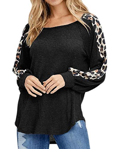 Product Cover Naggoo Women's Fall Waffle Knit Tops Leopard Print Tunic Casual Raglan Long Sleeve Sweater Shirts Pullover