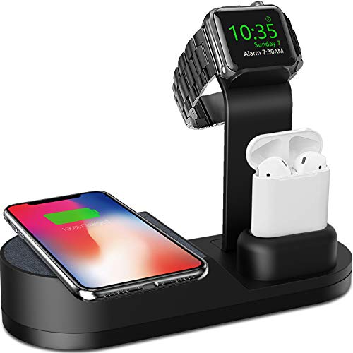 Product Cover Deszon Wireless Charger Designed for Apple Watch Stand Compatible with Apple Watch Series 5 4 3 2 1, AirPods Pro Airpods and iPhone 11 11 pro 11 Pro Max Xs X Max XR X 8 8Plus (No Adapter) Black