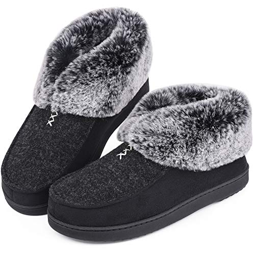 Product Cover Women's Cozy Memory Foam Slippers Fluffy Wool Like Faux Fur Fleece Lined House Shoes with Non Skid Indoor Outdoor Sole (7 B(M) US, Deep Black)
