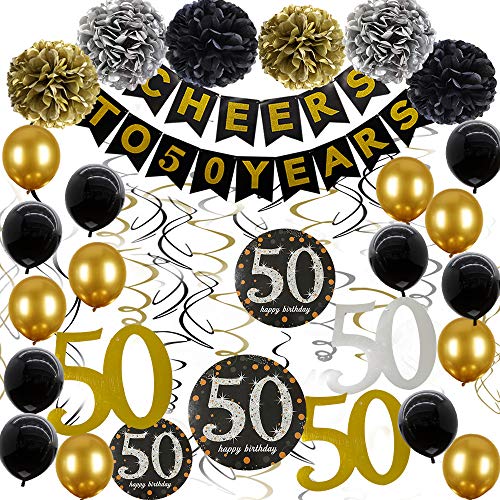 Product Cover 50th Birthday Decorations Cheers to 50 Years Banner Black and Gold 50th Birthday Party Supplies With 50th Hanging Swirls Birthday Decorations Gifts for women men