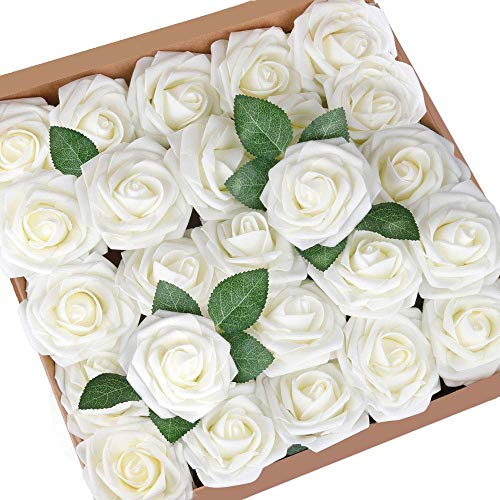 Product Cover Higfra Artificial Flowers Cream Fake Roses Real Looking Foam Roses Flowers w/Stem for DIY Home Decoration Bouquets Centerpieces Arrangements Party Baby Shower - Cream