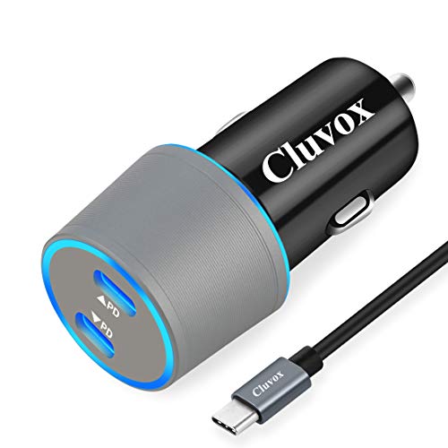Product Cover Cluvox Dual USB C Fast Car Charger Compatible for Samsung Galaxy S10 Plus/S10/S10E/S9/A20/A50/A70/Note 10/9, Google Pixel 4 XL/3a XL/3 XL/2 18W Power Delivery Rapid Car Adapter with 3FT Type C Cord