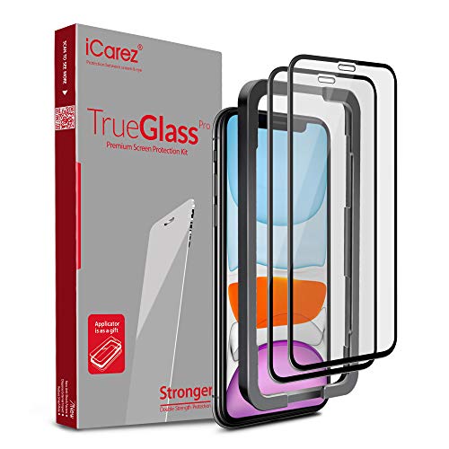 Product Cover iCarez [Full Coverage Tempered Glass + Tray Installation] Screen Protector for iPhone 11 (2019) 6.1-Inch/iPhone XR (Case Friendly) Easy Apply [ 2-Pack 0.33MM 9H 2.5D]