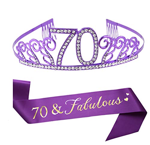 Product Cover 70th Birthday Purple Tiara and Sash, Purple Satin Sash and Crystal Rhinestone Birthday Crown for Happy 70th Birthday Party Supplies Favors Decorations Gifts Cake Topper