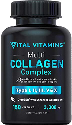 Product Cover Multi Collagen Pills (Types I,II,III,V,X) 150 Capsules 3300 mg Grass Fed Collagen Peptides Enhanced Absorption for Anti-Aging, Hair Growth & Nails, Healthy Joints & Skin, Hydrolyzed Protein Supplement