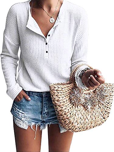 Product Cover Women's Tunic Tops Loose Long Sleeve Button Up V Neck Henley Waffle Knit Shirts