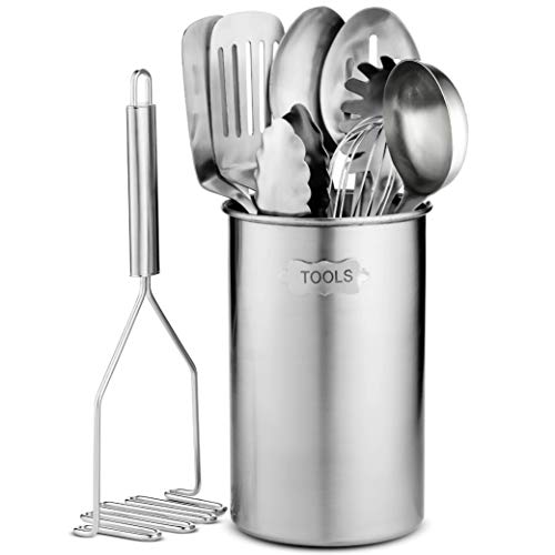 Product Cover Stainless Steel Kitchen Utensil Set - 10 piece premium Non-Stick & Heat Resistant Kitchen Gadgets, Turner, Spaghetti Server, Ladle, Serving Spoons, Whisk, Tungs, Potato Masher and Utensil Holder