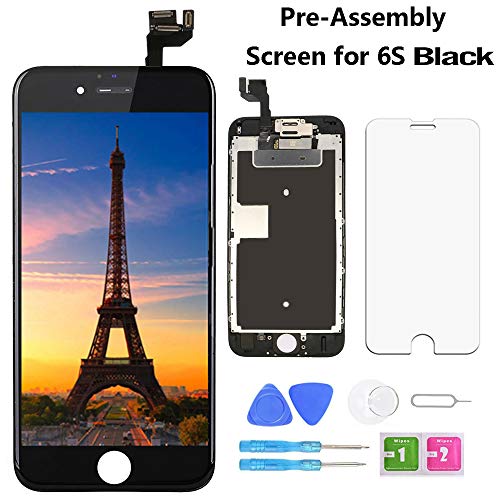 Product Cover Screen Replacement for iPhone 6S Black 4.7 Inch LCD Display A1633 A1688 A1700 Pre-Assembly Touch Digitizer with Front Camera, Proximity Sensor, Earpiece and Screen Protector