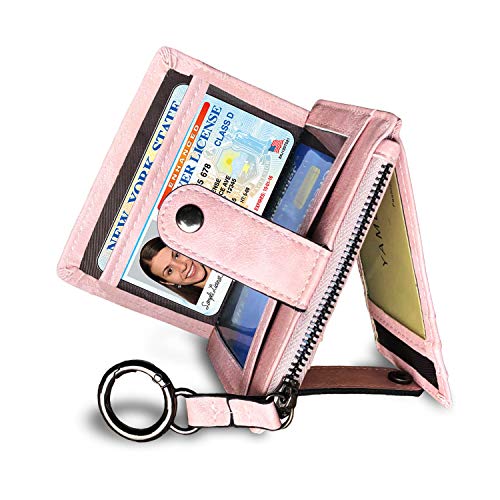 Product Cover Womens Slim Minimalist RFID Card Holder Front Pocket Wallet,Ladies Mini Coin Purse With Keychain (Pink)