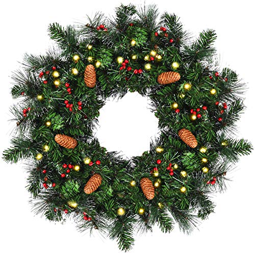 Product Cover Goplus Pre-Lit Cordless Christmas Wreath, Built-in 6-Hour Timer, with 50 Warm LED Lights/Pine Cones/Berries, Xmas Decor for Indoor and Outdoor
