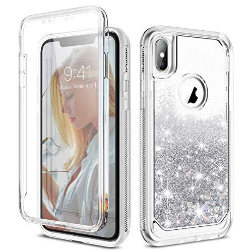 Product Cover SURITCH Case for iPhone Xs Max, [Built-in Screen Protector] Quicksand Bling Liquid Glitter Full-Body Protection Rugged Bumper Shockproof Cover for Apple iPhone Xs Max 6.5 Inch(Silver)