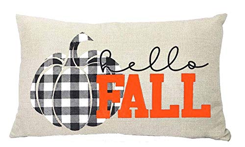 Product Cover ZYCH Hello Fall Black and White Plaid Pumpkin Cotton Linen Square Throw Pillow Case Cushion Cover 12 x 20 Throw Pillow Covers (32)