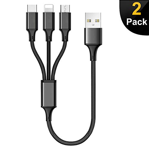 Product Cover Multi Charging Cable, Multi Charger Cable 2Pack Short 1FT Nylon Braided Universal 3 in 1 Multiple USB Cable Charging Cord Adapter with Type-C, Micro USB Port Connectors for Cell Phones Tablets