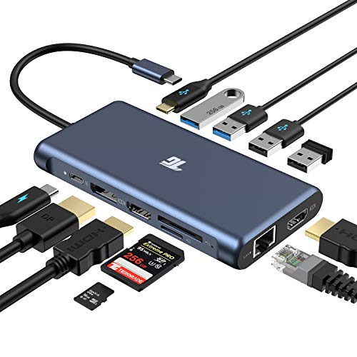 Product Cover USB C Hub,Tiergrade 12 in 1 Triple Display Adapter with 2 4K HDMI,DisplayPort,PD 3.0,Ethernet,USB-A USB-C Ports,TF/SD Card Reader for MacBook and Type-C Laptops(Windows Laptops Support Triple Display)