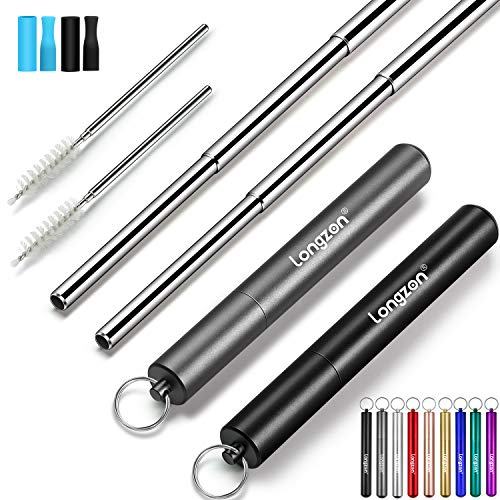 Product Cover Longzon 2 Pack Telescopic Metal Straws - Reusable, Portable, Collapsible Stainless Steel Drinking Straws with 2 Aluminum Key-chain Case & 2 Cleaning Brushes for Travel - (Black/Grey)