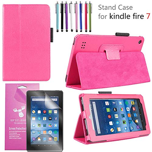 Product Cover EpicGadget 2019/2017 Amazon Fire 7 Case, Smart Cover Case for Fire 7 Premium PU Leather Folding Folio Stand Case for Fire 7 inch (2019/2017 Release) + 1 Screen Protector and 1 Stylus (Pink)