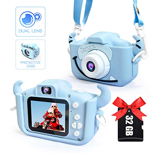 Product Cover Kids Camera for Girls and Boys, Digital Dual Camera 2.0 Inches Screen 20.0MP Video Camcorder Anti-Drop Children Selfie Cartoon Camera for Gift - 32GB Memory Card Included