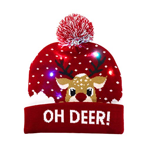 Product Cover OurWarm LED Christmas Hat, Light Up Christmas Hat Unisex Red Knitted Beanie Holiday Hat with Deer Printing for Party Christmas Gifts