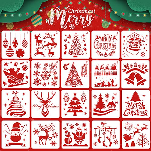 Product Cover Koogel 20Psc Christmas Stencils Template,5inch Drawing Stencils Reusable Stencils for Painting Christmas Snowflakes Snowmen for Planner/Diary/Card/DIY Drawing Painting Craft Projects
