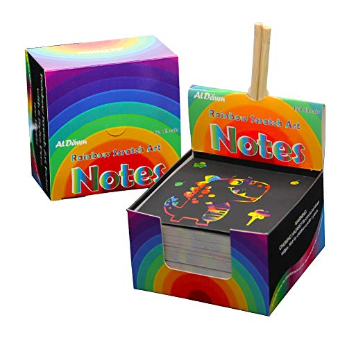 Product Cover ATDAWN Rainbow Scratch Art Notes with 2 Wooden Stylus Pens, Scratch Paper, Scratch Magic Notes, Rainbow Colored Notes, 150 Sheets