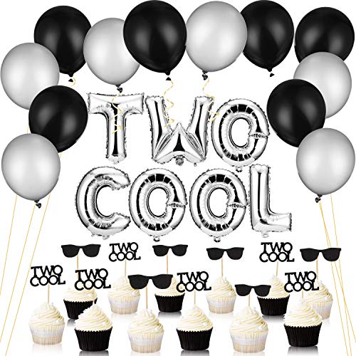 Product Cover 32 Pieces Two Cool Balloons with Two Cool Glitter Second Birthday Cupcake Toppers, 12 Inch Thicken Round Pearlescent Silver and Black Latex Balloons, 2nd Birthday Boy Party Supplies Decoration