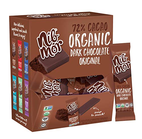 Product Cover Nib Mor Organic Dark Chocolate, Gluten Free Vegan Snacks - Daily Dose Snacking Bites - Individually Wrapped Chocolates with 72% Cacao - Original - .60 Ounce (45 Count)