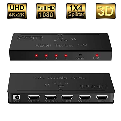 Product Cover HDMI Splitter 1x4, avedio links 1 in 4 Out HDMI Splitter, 4 Ports V1.4b Powered HDMI Video Splitter Supports Full HD 1080P 4K and 3D, Compatible with Xbox PS3/4 Roku Blu-Ray Player HDTV (Black)