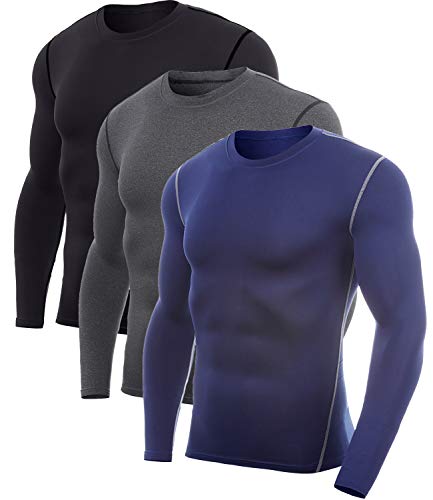 Product Cover Vogyal Men's Dry Fit Crew Neck Athletic Compression Long Sleeve Baselayer Workout T-Shirts, 3 Pack_Black+Grey+Navy Blue, Medium