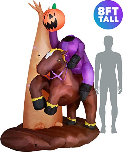Product Cover Holidayana 8 ft Headless Horseman with Jack O' Lantern Head Halloween Inflatable, Spooky Weather Resistant Inflatable Decoration with LED Lights, Built-in Fan, and Tie-Downs