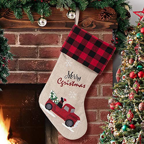 Product Cover XAMSHOR Burlap Christmas Stockings 21 Inch Embroidered Linen with Red and Black Buffalo Plaid Cuff for Gift Holders Holiday Decorations
