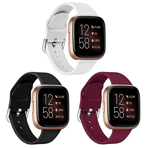 Product Cover Aresh Bands Compatible with Fitbit Versa 2 Bands/Versa/Versa Lite/Versa SE,Soft Silicone Band Wristbands Strap Accessories for Women Men (Black+White+Sangria, Large)