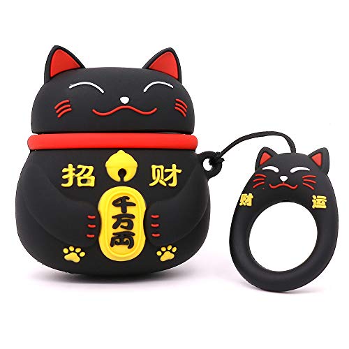 Product Cover Megantree Cute Airpods Case, Airpods 2 Case, 3D Cartoon Funny Kavaii Animals Black Lucky Cat Kitty Case, Shockproof Full Protection Soft Silicone Charging Case Cover Skin with Keychain for Airpods 1&2