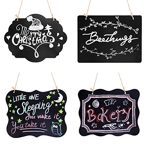 Product Cover VSADEY 4 Pack Chalkboard Sign Hanging, Double-Sided Erasable Message Board, Small Hanging Liquid Chalkboard Signs with Hanging String for Wedding, Bar, Cafe, Restaurant