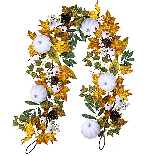 Product Cover White Pumpkin Garland Artificial Fall Maple Leaves Garland with Pinecones Berries Fall Foliage Garland for Wedding Arch Swag Backdrop Thanksgiving Table Runner Farmhouse Décor 5.9' Long