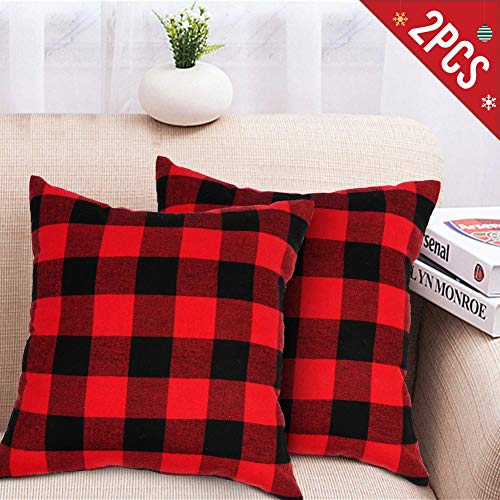 Product Cover AerWo 2pcs Christmas Pillow Covers 18 x 18 Inches, Decorative Red and Black Buffalo Plaid Pillow Covers Home Sofa Cushion Case Cotton Linen for Farmhouse Home Decor
