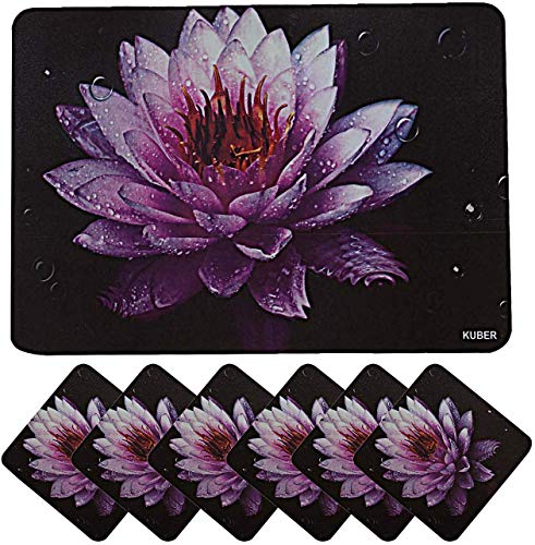 Product Cover Kuber Industries Lotus Printed PVC 6 Pieces Dining Table Placemat with Tea Coasters Set (Black)-CTKTC014397