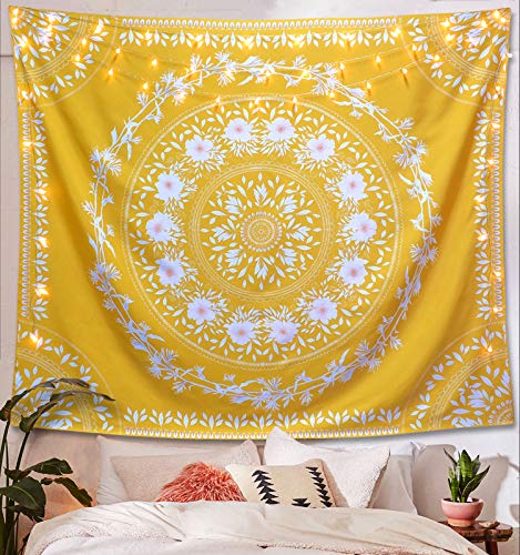 Product Cover Lifeel Yellow Bohemian Tapestry Wall Hanging, Mandala Floral Medallion Hippie Tapestry with White Aesthetic Wreath Design, Gold Wall Decor Blanket for Bedroom Home Dorm,Small 50×60 inches