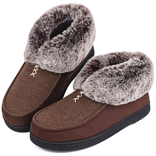 Product Cover Women's Cozy Memory Foam Slippers Fluffy Wool Like Faux Fur Fleece Lined House Shoes with Non Skid Indoor Outdoor Sole (8 B(M) US, Classic Tan)