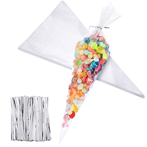 Product Cover Outus 100 Piece Medium Transparent Cone Bags Clear Cello Bags Sweets Treat Bags with 100 Piece Twist Ties, 11.8 by 6.3 Inch (Silver Twist Ties)