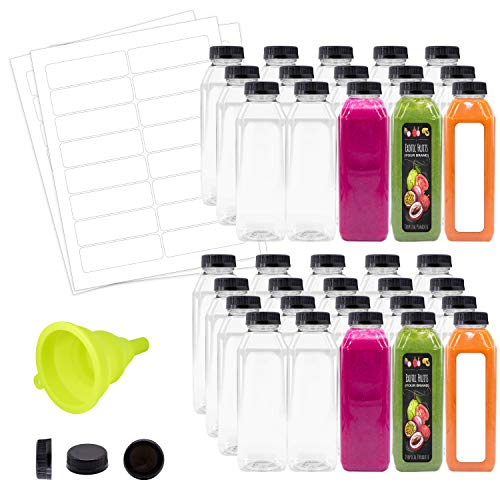 Product Cover Empty Water Juice Clear Bottles with Caps Bulk 35 Pk 16 oz Clear Plastic Bottles with Black Tamper Proof Lids Funnel Labels Great for Juicing Smoothies Business