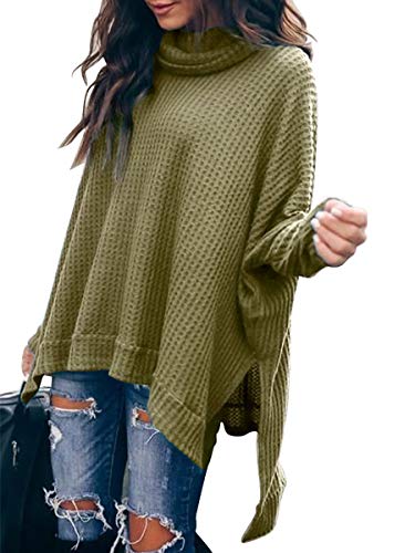 Product Cover Caracilia Women Turtle Cowl Neck Long Batwing Sleeve Waffle Knit Pullover Sweaters Oversized Loose Fit High Low Tunic Tops
