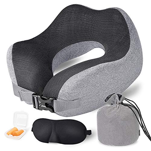 Product Cover Travel Pillow Memory Foam Neck Pillow, Upgrade Design Perfect Support Airplane Pillow with Machine Washable Pillowcase, Adjustable Airplane Travel Pillow with 3D Sleep Masks, Earplugs and Bag