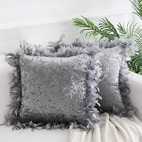 Product Cover Decorative Feather Throw Pillow Covers 18x18 Inches, Masonry Velvet Throw Pillows Cushion Covers for Sofa Couch Bed, Set of 2, Silver Grey